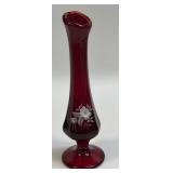 (B) Vintage Fenton Ruby Red Hand Painted Bud Vase