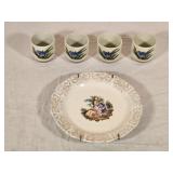 4 Saki Glasses & 6' Decorative Plate