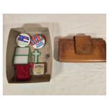 Levi Strauss Leather Wallet & Box of Pins & Misc