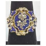 (SC) Women's Ink Blue Enamel Flower Ring Pearl