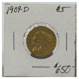 (SC) Ungraded 1909-D $5 Indian Head Gold Coin