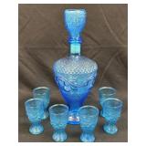 (B) Blue Glass Decanter Set with 6 Shot Glasses