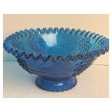Blue Glass Pedestal Bowl Grapes Ruffled Fluted