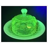 Mosser Uranium Vaseline Opalescent  Butter Dish