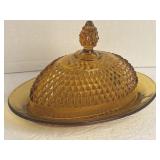 Vintage Amber Glass Hobnail Covered Butter Dish