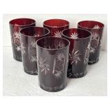 6 Czech Bohemian Ruby Red Cut To Clear Glasses