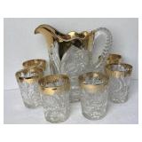 EAPG Clear & Gold Pitcher & 6 Tumblers