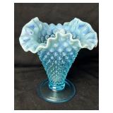 Fenton Hobnail Blue Opalescent Ruffled Edge Vase