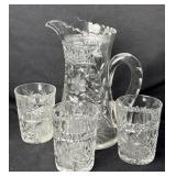 American Brilliant Cut Pitcher & 3 Tumblers-Has
