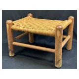 (D) Vintage Wood Foot Stool Reed Woven Top 14.5"