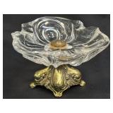 (H) Vintage Cut Glass Ashtray  Gold Metal