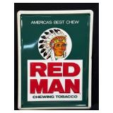 (D) Vintage Red Man Chewing Tobacco Tin Sign -