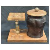 (D) Vintage Wooden Pipe Stand with Amber Duraglas