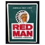 (D) Vintage Red Man Chewing Tobacco Tin Sign -