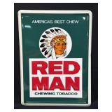 (D) Vintage Red Man Chewing Tobacco Tin Sign -