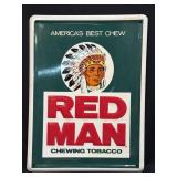 (D) Vintage Red Man Chewing Tobacco Tin Sign -