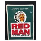 (D) Vintage Red Man Chewing Tobacco Tin Sign -