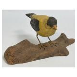 (D) Hand Carved Wood Gold Finch Bird Stump Folk