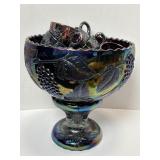LE Smith Carnival Glass Pedestal Punch Bowl & 12