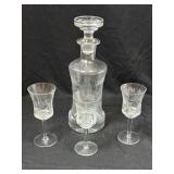 Vintage Etched Glass Decanter & 3 Goblets