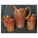 Imperial Carnival Glass Pitcher & 4 Tumblers