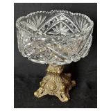 Vintage Cut Glass Crystal Compote Brass Stand Saw