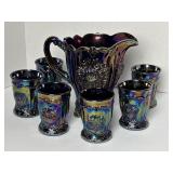 Mosser Amethyst Carnival Glass Pitcher & 6