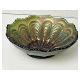 Fenton? Green Carnival Glass Peacock Tail Bowl 5