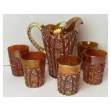 Imperial Marigold Carnival Glass Pitcher & 5