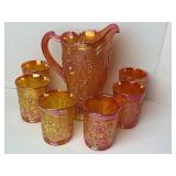 Imperial Marigold Carnival Glass Pitcher & 6