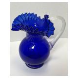 Cobalt Blown Glass Crimped Edge Pitcher 8'