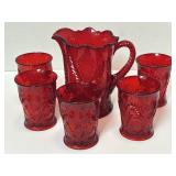 Mosser Ruby Red Inverted Thistle Pitcher & 5