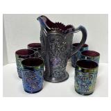 Imperial Carnival Glass Pitcher & 6 Tumblers