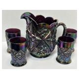 Fenton Amethyst Carnival Glass Pitcher & 4