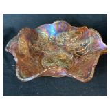 Marigold Holly Carnival Glass Ruffled Edge Bowl