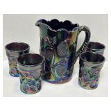 Inverted Strawberry Carnival Glass Pitcher & 4