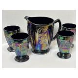 Cherry Blossom Carnival Glass Pitcher & 4