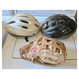 2 Bicycle Helmets, Softball & Glove