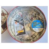 Christmas Tin w/ Fishing Reel Parts & Linr3