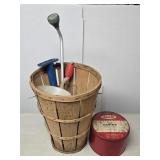 (F) Basket w/ Sprayer, Bicycle Pump, Funnel & Tin