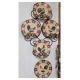 5 Ceramic 8' Rooster Plates on Wire Frame Stand
