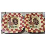 2 Square Red Check Rooster Plates by Baum Bros