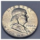 1962 Silver Benjamin Franklin Half Dollar 90%