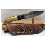 8ï¿½ Damascus Style Fixed Blade Knife with Leather