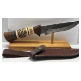 11ï¿½ Damascus Style Fixed Blade Knife with Leather