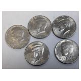 Five Assorted Kennedy Half Dollars