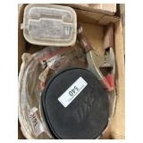 Box lot containing small clamps, measuring tape,
