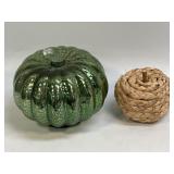 Fall Decor 2 Pumpkins Green Glass and Sm Basket