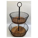 (E) Wire and Wooden 2 Tier Basket Shelf 19ï¿½ High