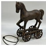 Vintage Cast Iron Horse Pull Toy on Wheels 7.5-in